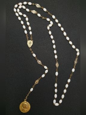Vintage 1950 Holy Year Pope Pius XII Rosary | Gold /White Milk Glass Beads Italy